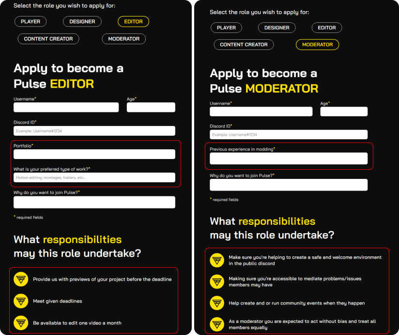 Different fields and descriptions being rendered based on the selected applicant role
