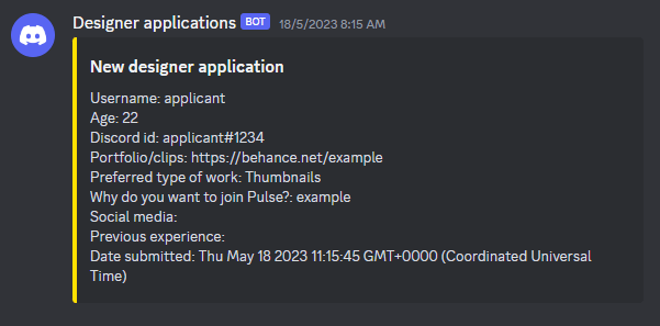 Example of application being received on Discord via the Webhook implementation
